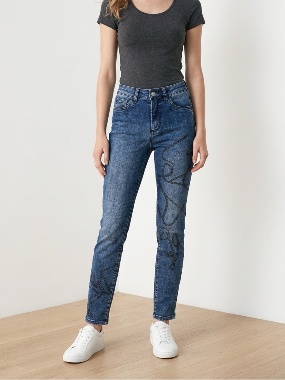 Joseph Ribkoff Vintage Dark Blue Embroidered Straight Leg Jeans Women